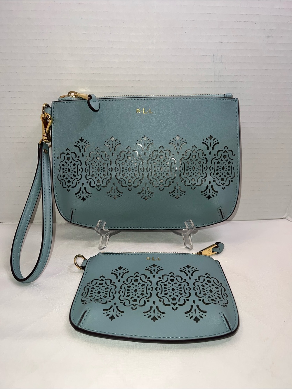 Ralph Lauren Lauderdale Laser Cut Wristlet & Coin Pouch  Duo in Seaglass